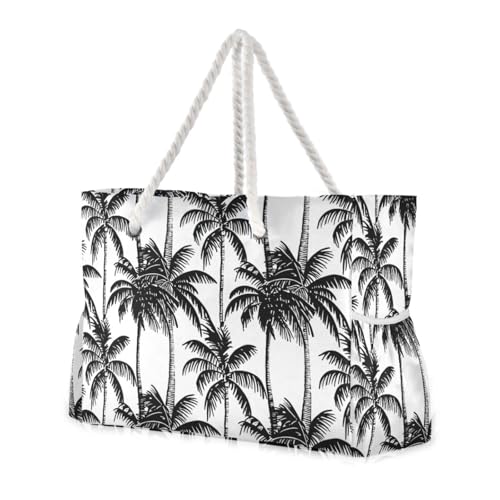 Palm Tree Black White Beach Tote Bag for Women Large Travel Tote Bags Waterproof Carry On Swim Pool Bag Beach Bags with Zipper for Gym Vacation Essentials Nurse Grocery Yoga