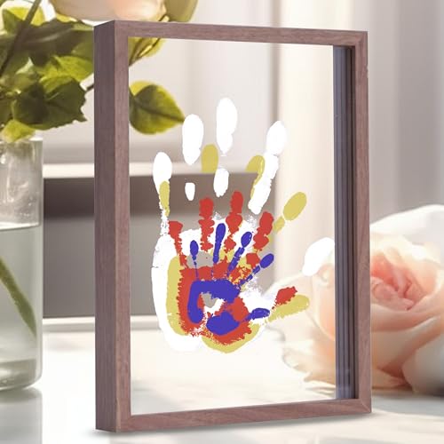 Image of CHERRY CHEERS Family Handprint Kit, DIY Craft Keepsake Wooden Frame, Endless Gift Set, Non-Toxic Paints, Transparent Sheets (Brown)