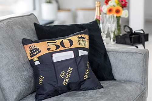 KAMACA Originelles Dekokissen Kissen mit 3 Taschen zum selber Befüllen Größe 43x43 cm tolles Geschenkzum runden Geburtstag (50. Geburtstag)