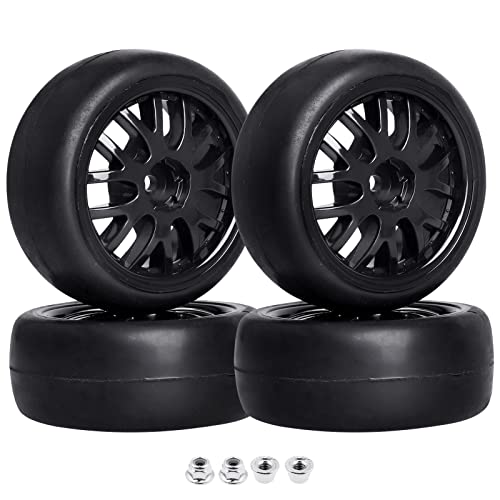 CrazyHobby Pre-Glued OD 2.56' 12mm Hex Wheels Rims & Rubber Tires 26mm for 1/10 Scale On Road Racing...