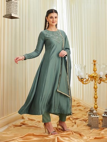 Image of MOKOSH Women's Silk Hand Work Anarkali Kurta Pant with Dupatta | Anarkali Kurta Pant | Embroidered | Round Neck Full Sleeve | 3 Piece Outfit | Ethnic Wear