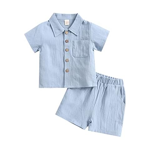 Toddler Kids Baby Boy Clothes Set Cotton Linen Short SleeveButton Shirt Tops Shorts Pants Summer 2 Piece Outfits (Blue, 3-4 Years) Cover