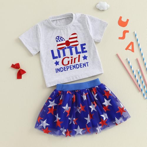 Image of Kayotuas Toddler Baby Girl 4th of July Outfit American Flag Shirt Red Blue Stars Tulle Tutu Skirts Kids Fourth of July Dress