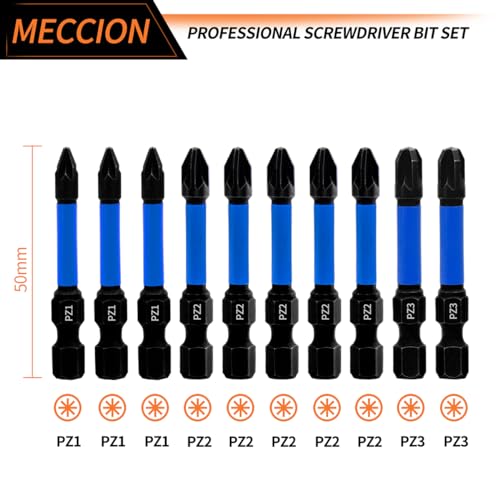 Meccion Magnetic Impact Driver Bits PZ1*3 PZ2*5 PZ3*2 10Pcs Length 50mm Professional Pozidriv Screwdriver Bit Set - 1/4" Hex Shank - Image 2
