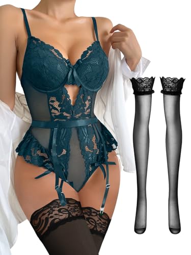 Image of Lilosy Sexy Stocking Lace Mesh Bodysuit Top Underwire Garter Lingerie Set 3 Piece