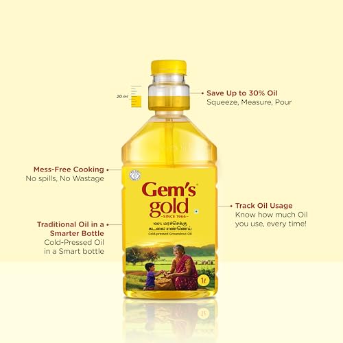 Image of Gem's Gold Cold pressed Groundnut /Peanut Oil 500 Ml | Smart Bottle Helps 30% lesser Oil consumption | Marachekku, Chemical Free | Kacchi Ghani /Chekku Cooking Oil