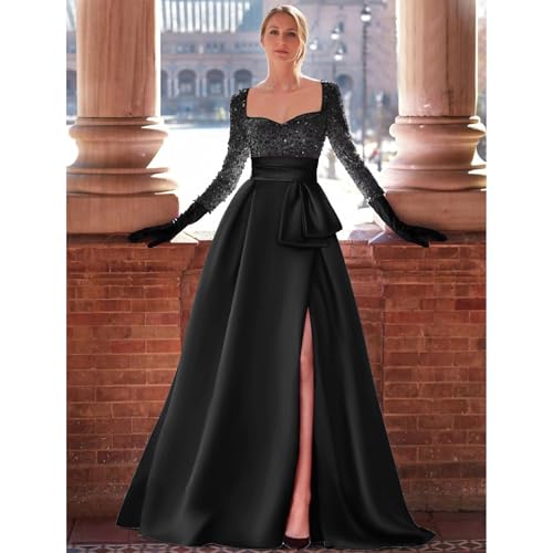 Long Sleeve Ball Gown for Women Sweetheart Satin Prom Dress Long Slit Sequin Formal Evening Gown Corset4