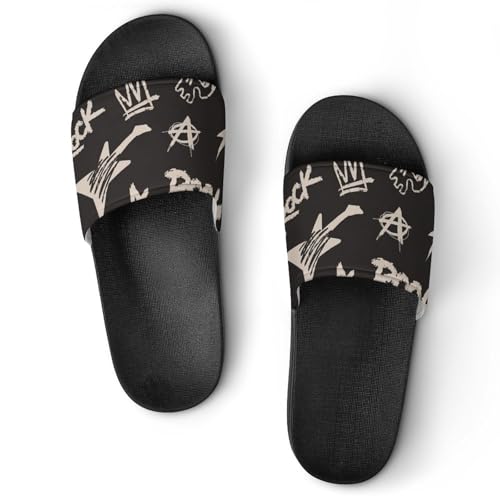 Rock Music Themed with Skulls PVC Slippers Sandals for Women Men Open Toe Soft Cushioned Non-Slip Sandal for Indoor Outdoor