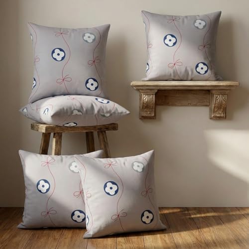 Image of Clasiko 16x16 Cushion Covers - Set of 5 Soft Cotton-Feel Decorative Pillow Covers | Ribbon Blossom, Flap Closure, Perfect for Sofa & Living Room