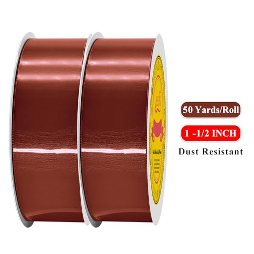 Image of 100 Yards Rust Red Satin Ribbon Polyester Ribbon for Gift Wrapping Very Suitable for Weddings Party Hair Bow Invitation Decorations and More（1-1 /2 inch X 50Yards X 2 Roll）