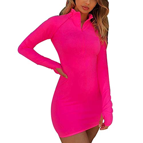 LuFeng Women s Long Sleeve High Neck Zipper Bodycon Slim Fit Dress Rose Red