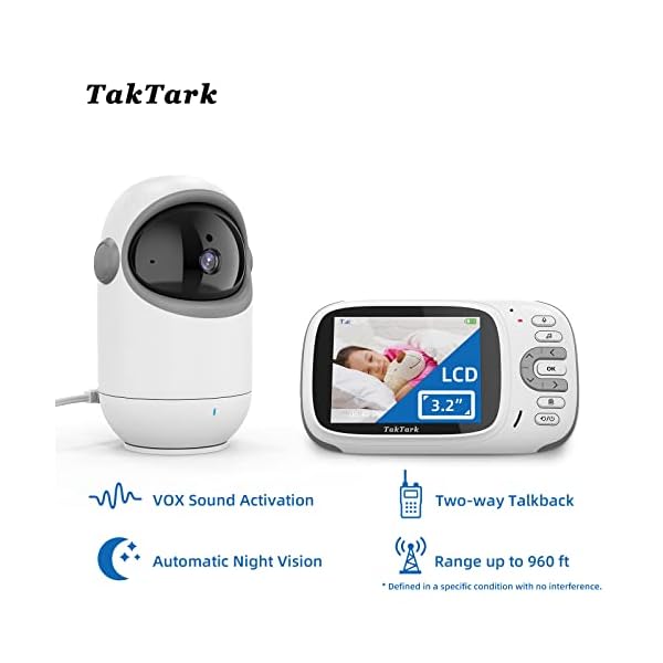 TakTark Babyphone mit Kamera, Baby Monitor 3.2'' Zoll Babyfon mit Ferngesteuerter Pan-Tilt Drehung Weitwinkel Kamera… – Bild 3