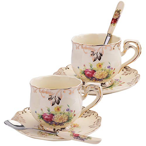 Foraineam Set of 2 Tea Cup and Saucer, 8 oz. Flowering Shrubs Ivory Ceramic Coffee Cup Fancy Floral Porcelain Tea Cup Set with Saucer and Spoon