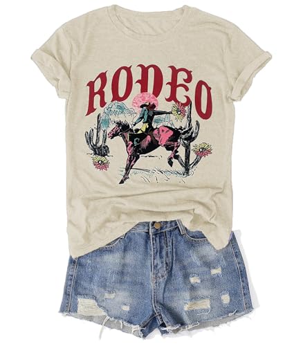 Western Rodeo Shirt for Women Retro Cowboy Graphic Tee Cowgirl Country Music T Shirt Cow Skull Print Tops Casual Tops (Medium, Cream)
