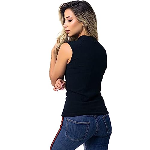 Blusa Regata Feminina Canelada Gola Alta - Camiseta Feminina Básica de Manga Curta e Gola Alta - Mod