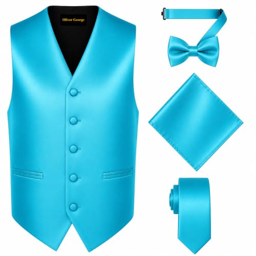 Image of Oliver George 4pc Men's Solid Formal Suit Waistcoat Tuxedo Dress Vest Necktie Bowtie Handkerchief Set for Suit or Tuxedo