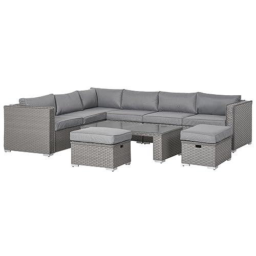 Outsunny 6 Pieces PE Rattan Patio Furniture Set, Outdoor Wicker Sofa Set Aluminum Frame, Conversation Furniture with Coffee Table, Footstools, Cushions - Grey