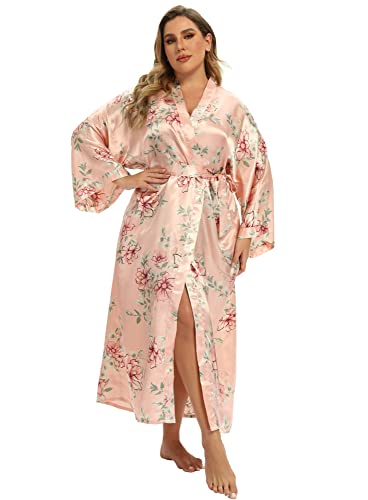 Image of Women's Floral Long Satin Robes Plus Size Long Silk Robes Peacock Floral Kimonos Sleepwear Dressing Gown