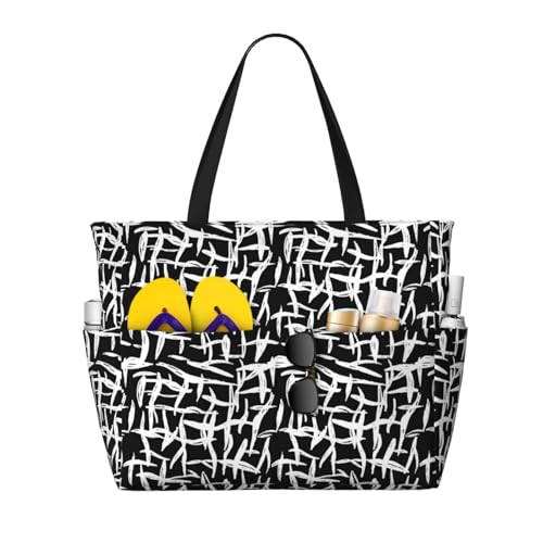 Large Beach Bags Water-resistant Sandproof - white black lines pattern Cute Beach Tote Bags for Women with Zipper