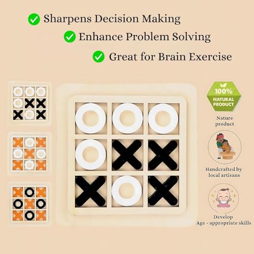 Image of Classic Wooden Tic Tac Toe Game - Engaging XOXO Board Game for Kids & Adults, Fun Brain-Boosting Tabletop Toy, Perfect for Family Game Nights & Birthday Return Gifts (Ages 5-12)