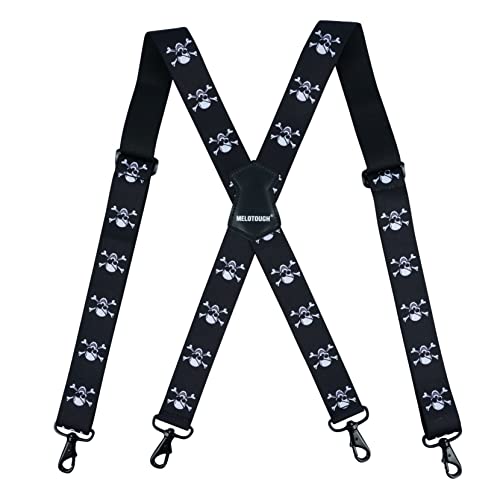 MELOTOUGH Mens Suspender 1.5 Inch Wide Suspenders Adjustable Fully Elastic Braces X Shape Funny Suspenders with Trigger Hooks (Skull)