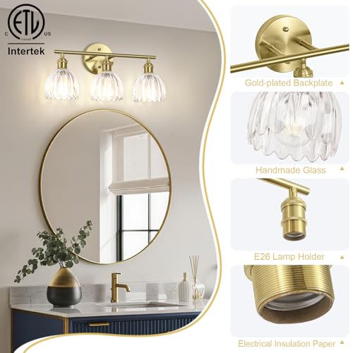 Image of Vintage Bathroom Light fixtures, Gold Vanity Lights, ETL Certified | 18.5 in, Clear Tulip Glass Shade, Hardwired Bathroom Vanity Light, E26 Socket, Bulbs Not Included