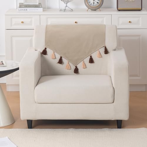 Image of HOKIPO Premium Holland Velvet Sofa Backrest Cover with Tassels - 'TasselTone Series', Sand Beige (IN-1103-BGE)
