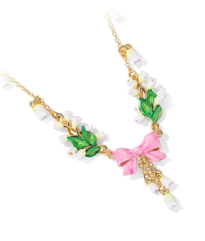 Pink Bow And Lily Flower Enamel Pendant Necklace Jewelry Gift2