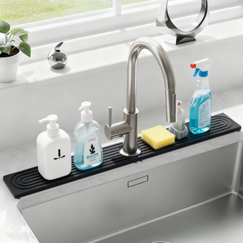 24 Inch Kitchen Sink Splash Guard, Sink Splash Guard Behind Faucet, Silicone Faucet Handle Drip Catcher Tray Mat for Kitchen, Bathroom Counter, Dark Gray, 23.6