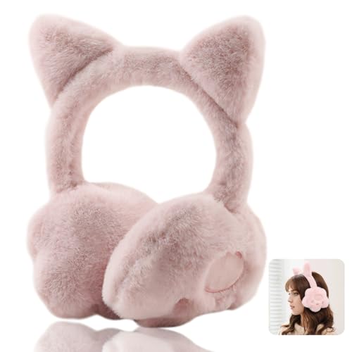 Image of Neglance Bear Paw Earmuffs with Cat Ear,Cute Short Pile Earwarmers for Winter Women,Kawaii Fluffy Earcovers for Christmas (Pink)