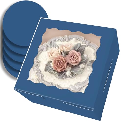 Gcardist Lot de 5 boîtes à gâteau de 20,3 x 20,3 x 12,7 cm, avec fenêtre et 5 lots de planches rondes à encre bleue de 20,3 cm, récipient à gâteau de 20,3 cm