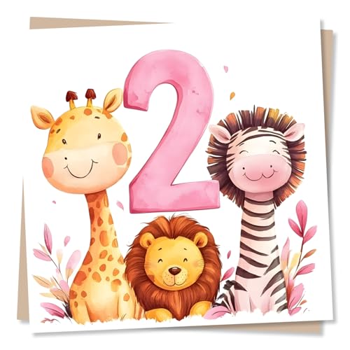 2nd Birthday Card for Girl Female Her - Beautiful Pink Safari Animals Design - from Grandparents Parents Friend Loved One - for Grandchild Child Relative - Made in UK