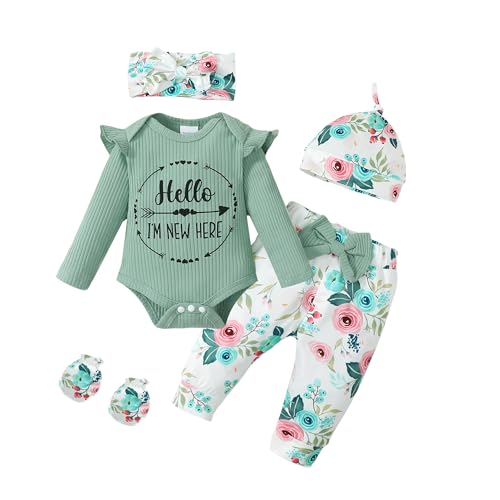 Image of Sinhoon Newborn Baby Girl Clothes Hello I'm New Here Letter Romper+Floral Pants+Hat+Headband+Coming Home Outfits