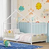 Timy House Shape Twin Size Montessori House Bed Metal Floor Bed with Caddy Twin Bedframe for Kids No Box Spring Needed White