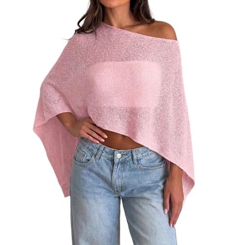 Womens Sheer Poncho Top Y2k Knitted Summer Asymmetrical Mesh Shawl Pullover Sweater Cover Up Tops (US Alpha One Size Regular Regular Pink)
