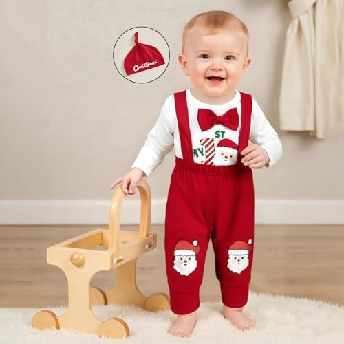 Karuedoo My 1st Christmas Baby Boy Outfit Letter Print Long Sleeve Bowtie Romper Suspender Pants with Hat 3Pcs Clothes Sets3