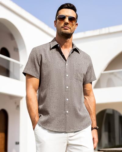 Image of Alimens & Gentle Mens Linen Shirts Short Sleeve Button Down Shirts Wrinkle Free Casual Vacation Beach Summer Tops
