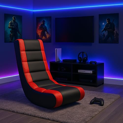 Image of The Crew Furniture Classic Video Rocker Floor Gaming Chair, for Kids and Teens, PU Faux Leather & Polyester Mesh, Black /Red