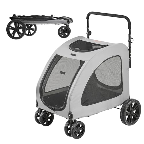 VEVOR Passeggino per Cani 4 Ruote, Passeggino per Animali Portata 73 kg ca., Passeggino per Animali Domestici con Cestello Portaoggetti, Carrello Pieghevole per Gatti Cani Altezza Regolabile, Grigio