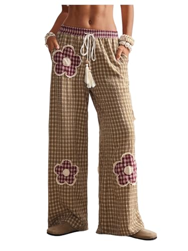Women's Floral Patch Baggy Pants Plaid Drawstring Waist Wide Leg Causal Trousers with Pockets