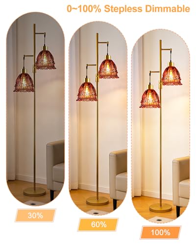 Image of Lightdot 65IN Glass Floor Lamp for Living Room, 2- Light Gold Flower Floor Lamps with Rose Red Glass Lampshade,3000K Warm White Modern Standing Tall Lamp with 5Lbs Heavy Base for Bedroom Corner
