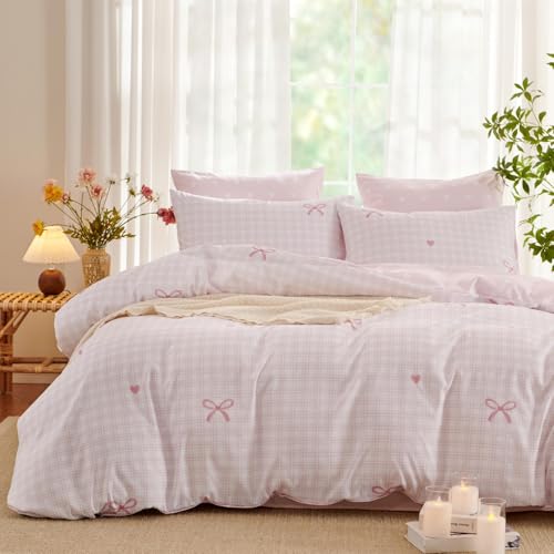 Freyamy - Funda nórdica de 240 x 260 cm y 2 fundas de almohada de 65 x 65 cm, diseño de pajarita blanca y rosa, juego de funda nórdica de microfibra con cremallera para 2 personas, color rosa