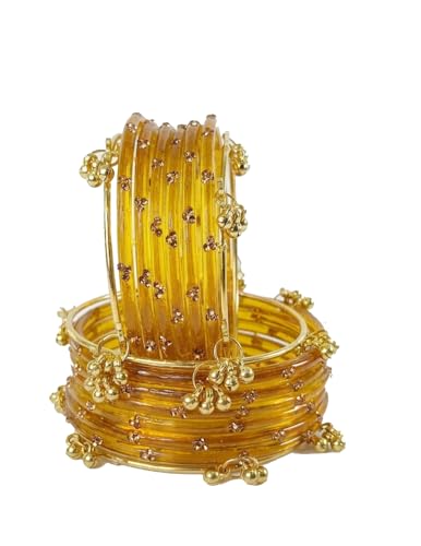 Image of NMII Viral Multi Colour Glass Bangles with Golden Ghungroo Charms & Stone Work For Women & Girls | Fancy Designer Glass Bangle | Traditional Chudi | Kanch Ki Churi | Stylish Ghungroo Bangle For Women