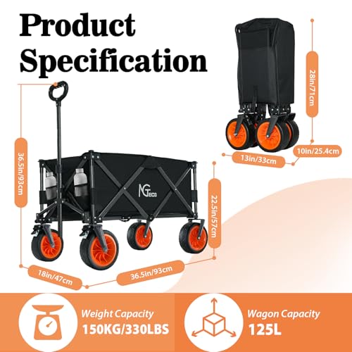 NGTeco Bollerwagen Faltbar Handwagen, 275lbs Weight Capacity Collapsible Folding Wagon Cart with Brake, Beach Wheels, Heavy Duty Foldable Outdoor Utility Garden Cart – Bild 4