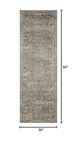 Loloi Layla Collection LAY-13 Antique/Moss 2'-6" x 7'-6" .13" Thick Runner Rug, Soft, Durable, Vintage Inspired, Distressed, Low Pile, Non-Shedding, Easy Clean, Printed, Living Room Rug