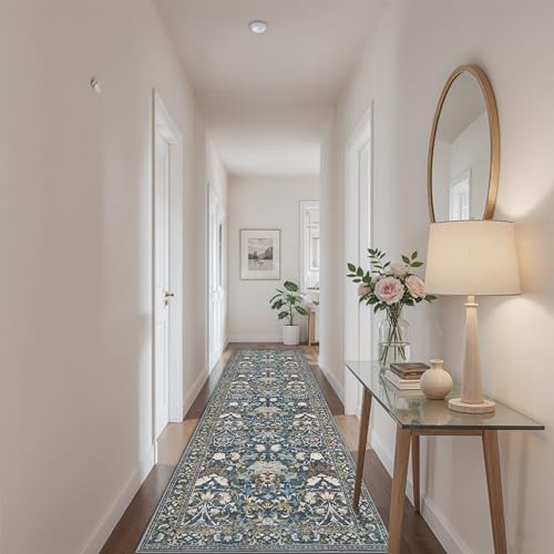 Hallway 3x10 Washable Runner Rug: Kitchen Rugs Entryway Area Rugs Vintage Soft Floor Mat Non Slip Indoor Farmhouse Carpet for Bathroom Living Room Bedroom Printed Rug for Family(3x10 Floral/Blue)
