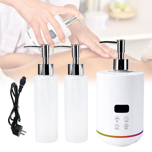 Massageöl Wärmer mit Zwei 250 ml-Massageölflaschen Einstellbare Temperatur 30-65C Zeiteinstellungen Gradientes Umgebungslicht Gel Flaschenwärmer Heizung für Spa Salon und Home Use