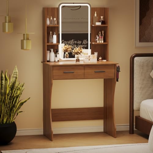 Image of BORNOON Vanity Desk with Mirror and Lights, Small Makeup Vanity Desk with Charging Station, Bedroom Vanity Table with Drawers, Storage Shelves, RGB Ambient Light and Hair Dryer Holder