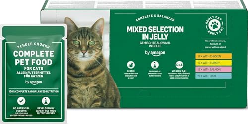 by Amazon Katzenfutter, nass, getreidefreies, für ausgewachsene Katzen, gemischte Auswahl in Gelee, 4,8 kg (48 Packungen à 100 g)