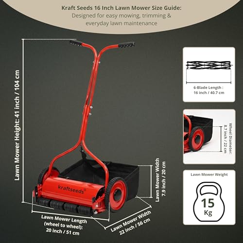 Image of Kraft Seeds 16 Inch Manual Lawn Mower Grass Cutting Machine, 6 Blade Push Reel Mower with Height Adjustable Eco Friendly Garden Grass Cutter Machine
